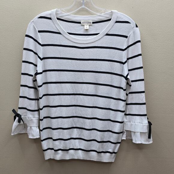 Maison Jules Women's Striped Bow Sleeve Knit Sweater White Black Size Medium - Picture 1 of 7